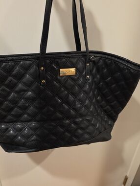 BCBG Black Quilted Leather Tote with Gold Plate